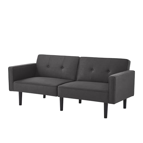 Multifunktionales 2-in-1-Sofabett mit verstellbaren Doppelrückenlehnen Zweisitzer Liegefunktion,Baumwoll-Leinen-Stoff,weiche Polsterung,hoher Sitzkomfort,stabile Holzbeine,leicht zu reinigen (Schwarz) von WEALTHKING
