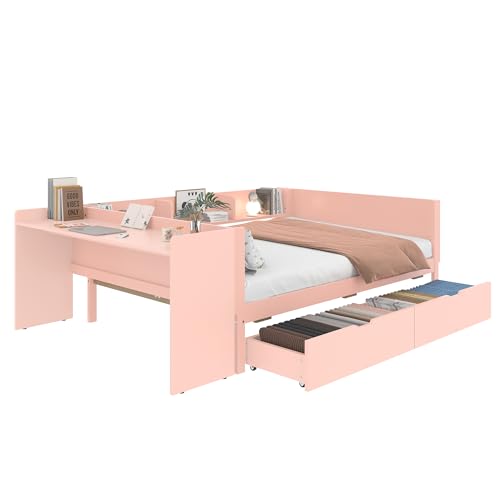 Multifunktionales Holzbett mit Schreibtisch und Regalen,Stauraum-Schubladen, platzsparendes Design mit Arbeitsfläche und Ablage,stabiles Kiefernholz+Spanplatte,belastbar bis 250kg (Rosa,140x200cm) von WEALTHKING