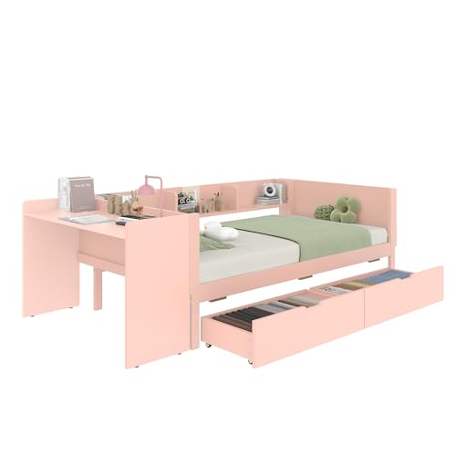 Multifunktionales Holzbett mit Schreibtisch und Regalen,Stauraum-Schubladen, platzsparendes Design mit Arbeitsfläche und Ablage,stabiles Kiefernholz+Spanplatte,belastbar bis 250kg (Rosa,90x200cm) von WEALTHKING