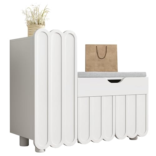 Multifunktioneller 3-Türen-Schuhschrank mit Schublade und Sitzpolster für Flur – Organizer mit weicher Sitzfläche und Stauraum – Kompakter Flurschrank mit Regalböden und Soft-Close Türen (Weiß) von WEALTHKING