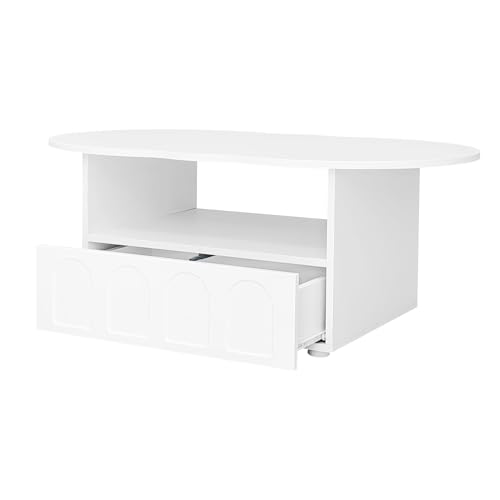 Ovaler Couchtisch mit wolkenförmiger Tischplatte, Push-to-Open Schublade mit geschwungenem Muster, offenes Ablagefach, modernes Wohnzimmermöbel mit abgerundeten Kanten, stabilen Füßen (Weiß) von WEALTHKING