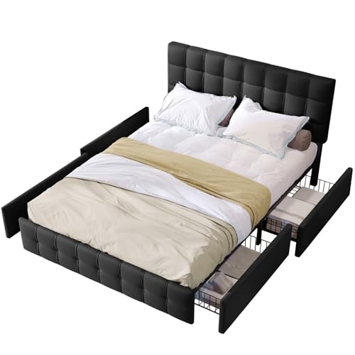 Polsterbett Doppelbett mit 4 Schubladen,Höhenverstellbares Kopfteil,Geräuscharmes Bettgestell mit Metalllatten&Quadratischer Steppung,Schlafzimmerbett Bettgestell (Black ohne Matratze,140*200 cm) Polsterbett Doppelbett mit 4 Schubladen,Höhenverstellbares Kopfteil,Geräuscharmes Bettgestell mit Metalllatten&Quadratischer Steppung,Schlafzimmerbett Bettgestell (Black ohne Matratze,140*200 cm) von WEALTHKING