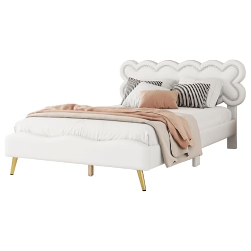 Polsterbett Doppelbett mit Lattenrost, modernes Minimalismus-Design mit stilvollem Wolken-Kopfteil, PU-Material und MDF-Holzrahmen, stabiles Bettgestell mit hoher Tragkraft (Weiß,140x200cm) von WEALTHKING