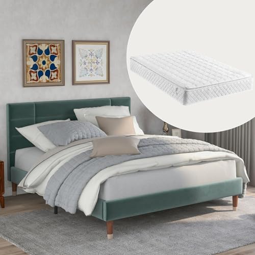 Polsterbett mit Lattenrost – Samt Bettgestell – Modernes Doppelbett mit gestepptem Kopfteil – Inkl. Stauraum unter dem Bett – Stabiler Holzlattenrost–Für Erwachsene (Grün Mit Matratze,140x200cm) von WEALTHKING