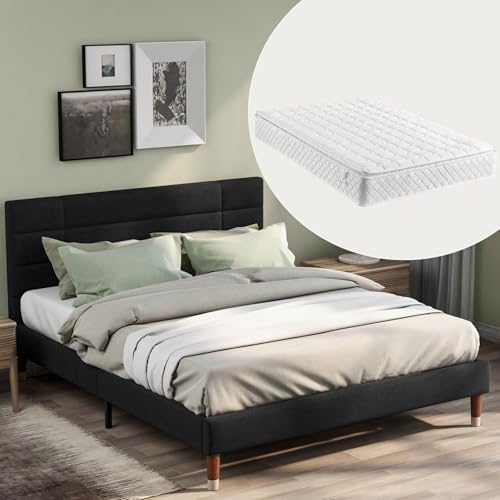 Polsterbett mit Lattenrost – Samt Bettgestell – Modernes Doppelbett mit gestepptem Kopfteil – Inkl. Stauraum unter dem Bett – Stabiler Holzlattenrost–Für Erwachsene (Schwarz Mit Matratze,140x200cm) von WEALTHKING