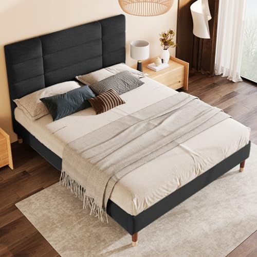 Polsterbett mit Lattenrost – Samt Bettgestell – Modernes Doppelbett mit gestepptem Kopfteil – Inkl. Stauraum unter dem Bett – Stabiler Holzlattenrost–Für Erwachsene (Schwarz Ohne Matratze,140x200cm) von WEALTHKING