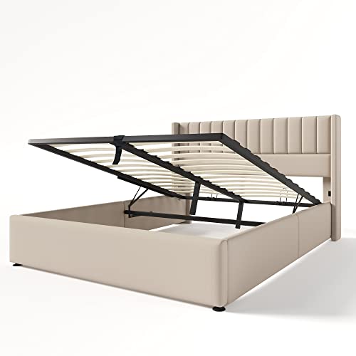 Polsterbett mit hydraulischem Hubsystem, hoher Stauraum unter Lattenrost, vertikal gestepptes Kopfteil mit Seitenrahmen, stabiler Metallrahmen und Holzstruktur (Beige Ohne Matratze,160x200cm) von WEALTHKING
