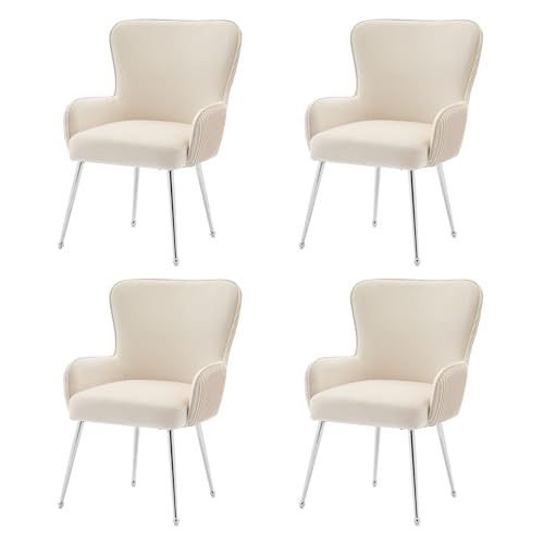 Samt Esszimmerstuhl mit ergonomischer Rückenlehne,Armlehnen und verstellbaren Metallfüßen,vertikale Plissee-Struktur,komfortable Sitzpolsterung,stabiler Metallrahmen,für Wohnzimmer (Beige+Silber,4) von WEALTHKING