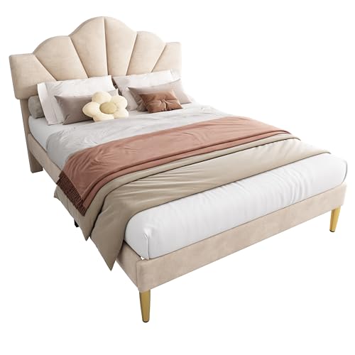 Schlafbett mit gepolstertem Rahmen Samtbezug massiver Lattenrost Metallgestell goldfarben gemütlicher Rückenteil in Muschelform moderner Stil Einrichtungsidee einfache Montage (Beige,140x190cm) von WEALTHKING