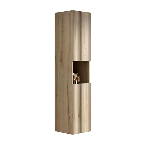 Schmaler Badezimmer-Wandschrank Hängeschrank aus Mehrschicht-Sperrholz, gerillte Fronten, Zwei Türen, offenes Mittelregal, Soft-Close Scharniere, wandmontierte Stauraumlösung (Weiße Eiche) von WEALTHKING