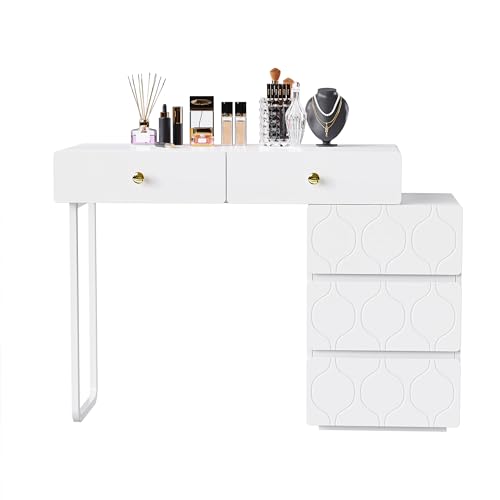 Schminktisch mit Push-to-Open-Schubladen und modernem Wellenmuster, minimalistisches Möbelstück mit austauschbarer Seiteneinheit, integrierter Metallrahmen für stabile Nutzung im Schlafzimmer (Weiß) Schminktisch mit Push-to-Open-Schubladen und modernem Wellenmuster, minimalistisches Möbelstück mit austauschbarer Seiteneinheit, integrierter Metallrahmen für stabile Nutzung im Schlafzimmer (Weiß) von WEALTHKING