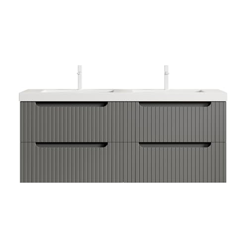 Schwebender Badezimmer-Waschtisch, Doppelbecken, integrierte Kunststeinplatte, gerillter Sperrholz-Korpus, vier Soft-Close-Schubladen, vormontierte Konstruktion, schneller Einbau (Grau,120cm) von WEALTHKING