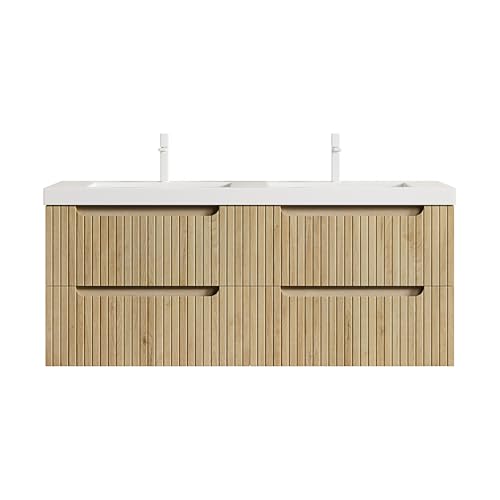 Schwebender Badezimmer-Waschtisch, Doppelbecken, integrierte Kunststeinplatte, gerillter Sperrholz-Korpus, vier Soft-Close-Schubladen, vormontierte Konstruktion, schneller Einbau (Natur,120cm) von WEALTHKING