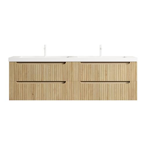Schwebender Badezimmer-Waschtisch, Doppelbecken, integrierte Kunststeinplatte, gerillter Sperrholz-Korpus, vier Soft-Close-Schubladen, vormontierte Konstruktion, schneller Einbau (Natur,160cm) von WEALTHKING