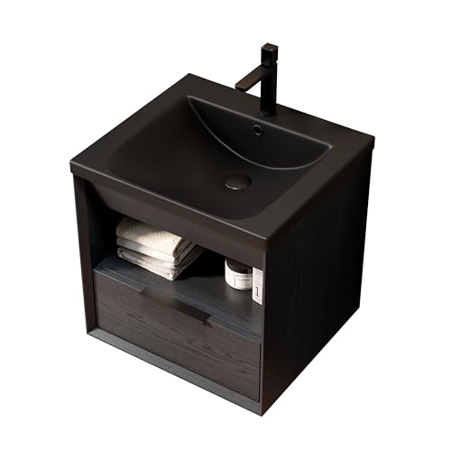 Schwebender Badezimmer-Waschtisch,integriertes Unterbauwaschbecken aus Keramik,45° PUR-Schrägkanten-Sperrholzschrank,offenes Regal plus Soft-Close-Schublade,vormontierte Wandkonsole (Schwarz,51cm) von WEALTHKING