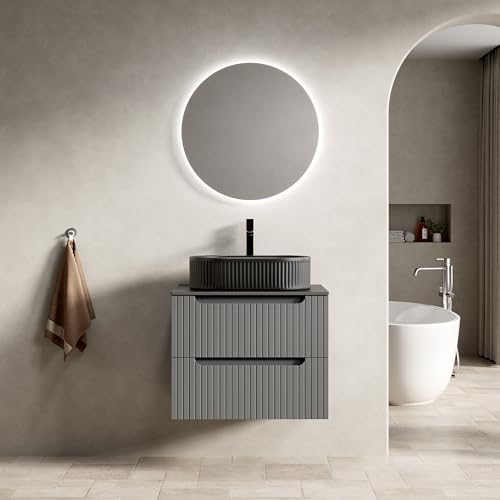 Schwebender Badezimmer-Waschtisch Set, hängende Badkonsole,ovales Keramik-Aufsatzbecken,Sinterstein-Arbeitsplatte,gestreifte Sperrholzfront,zwei Soft-Close Schubladen,vormontiert (60cm,Grau) von WEALTHKING