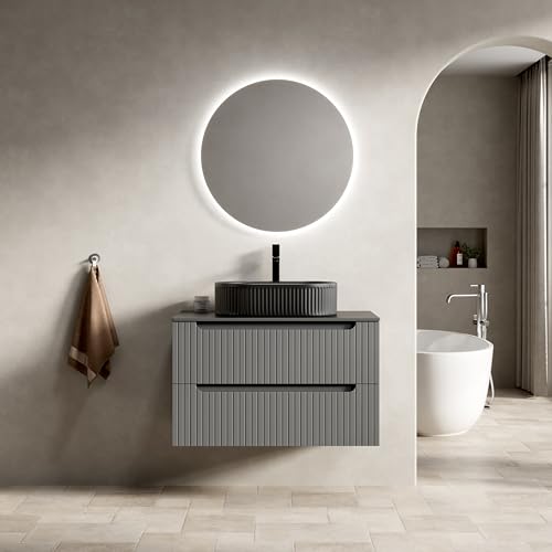 Schwebender Badezimmer-Waschtisch Set, hängende Badkonsole,ovales Keramik-Aufsatzbecken,Sinterstein-Arbeitsplatte,gestreifte Sperrholzfront,zwei Soft-Close Schubladen,vormontiert (Grau,80cm) von WEALTHKING