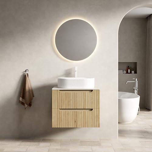 Schwebender Badezimmer-Waschtisch Set, hängende Badkonsole,ovales Keramik-Aufsatzbecken,Sinterstein-Arbeitsplatte,gestreifte Sperrholzfront,zwei Soft-Close Schubladen,vormontiert (Natur,60cm) von WEALTHKING