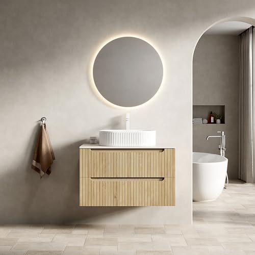 Schwebender Badezimmer-Waschtisch Set, hängende Badkonsole,ovales Keramik-Aufsatzbecken,Sinterstein-Arbeitsplatte,gestreifte Sperrholzfront,zwei Soft-Close Schubladen,vormontiert (Natur,80cm) von WEALTHKING
