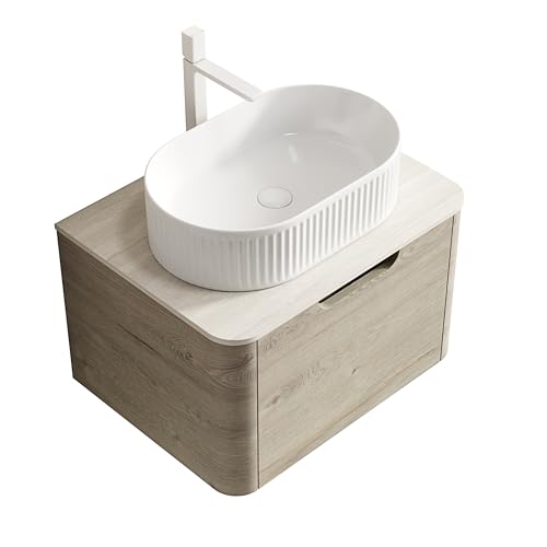 Schwebender Badezimmer-Waschtisch mit ovalem Keramik-Waschbecken, Sinterstein-Arbeitsplatte Travertinoptik, vormontierter Eichenholz-Schrank mit Soft-Close-Schublade (Eiche cremefarbene,60cm) von WEALTHKING