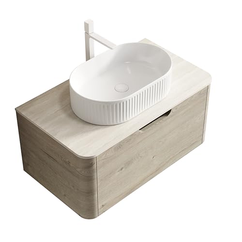 Schwebender Badezimmer-Waschtisch mit ovalem Keramik-Waschbecken, Sinterstein-Arbeitsplatte Travertinoptik, vormontierter Eichenholz-Schrank mit Soft-Close-Schublade (Eiche cremefarbene,80cm) von WEALTHKING