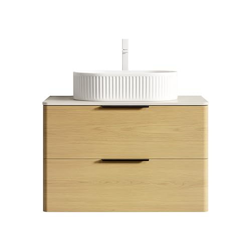 Schwebender Badezimmer-Waschtisch mit ovalem Keramik-Waschbecken und gestreiftem Design, Travertin-Sintersteinplatte, moderner Sperrholzschrank mit 2 Schubladen, abgerundete Kanten (Eiche,75cm) von WEALTHKING