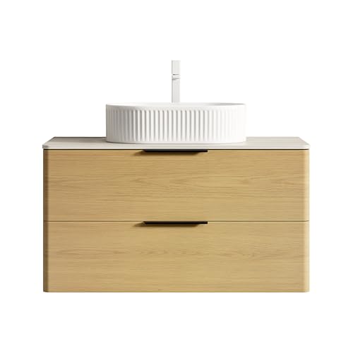 Schwebender Badezimmer-Waschtisch mit ovalem Keramik-Waschbecken und gestreiftem Design, Travertin-Sintersteinplatte, moderner Sperrholzschrank mit 2 Schubladen, abgerundete Kanten (Eiche,90cm) von WEALTHKING