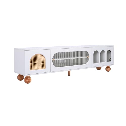 Sideboard Fernsehmöbel Soft-Door-Mechanismus Rundbögen Rattangeflecht offene Ablagen Glasfront Holzkorpus goldene Zierelemente stabiler Stand modernes Wohnambiente stilvolle Einrichtung (Weiß) von WEALTHKING