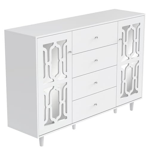 Spiegelkommode mit Glaseinsätzen und Kristallgriffen,Hochkommode mit 4 Schubladen und 2 Türen,Sideboard mit Ablagefächern und Holzfüßen,Stauraummöbel für Wohnzimmer Schlafzimmer Esszimmer (Weiß) von WEALTHKING