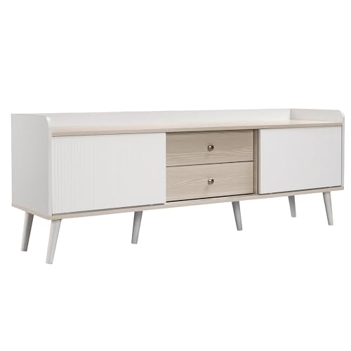 TV‑Konsole Holzoptik Lowboard Wohnzimmer Medienkommode Sideboard Fernsehmöbel Stauraumkonzept Schiebetür‑Einheit Lamellenfront Schubladenelement Metallgriff Massivholzbeine Kippschutz (Weiß) von WEALTHKING