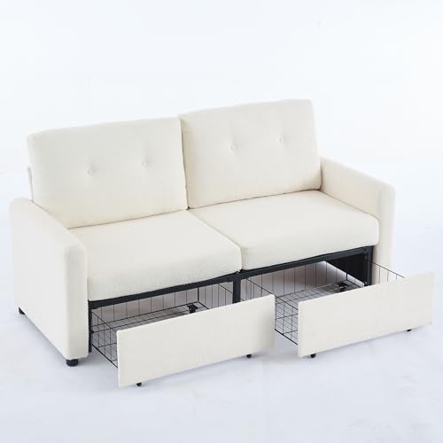 WEALTHKING 2‑Sitzer Wohnzimmer‑Sofa mit Stauraum und ergonomischer Rückenlehne, Microfaser mit Krepp‑Struktur und dezentem Glanz, platzsparende Doppelschubladen unter der Sitzfläche (Elfenbein) von WEALTHKING