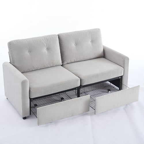 WEALTHKING 2‑Sitzer Wohnzimmer‑Sofa mit Stauraum und ergonomischer Rückenlehne, Microfaser mit Krepp‑Struktur und dezentem Glanz, platzsparende Doppelschubladen unter der Sitzfläche (Hellgrau) von WEALTHKING