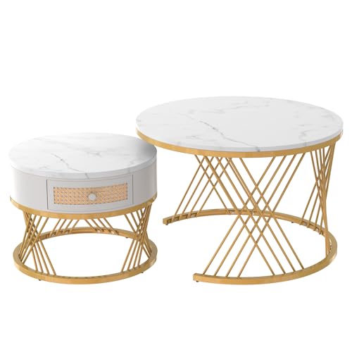 WEALTHKING 2-in-1 runder Couchtisch aus MDF mit Marmoroptik Tischplatte, Massivholzgriff, Schublade mit Rattandekor, pulverbeschichtete Metallbeine, modernes Set mit doppelter Ablagefläche (Weiß) von WEALTHKING