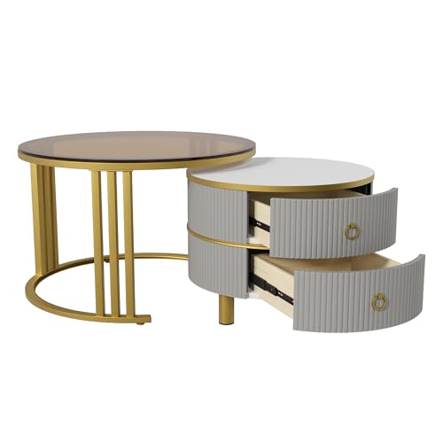 WEALTHKING 2-in-1 runder Couchtisch mit MDF-Oberfläche und gehärtetem Glas, modernes Set mit Metallgestell, Hochglanzplatte, Doppel-Schubladen, Wohnzimmer Beistelltisch mit Stauraumfunktion (Grau) von WEALTHKING