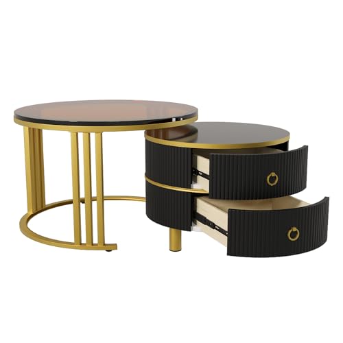 WEALTHKING 2-in-1 runder Couchtisch mit MDF-Oberfläche und gehärtetem Glas, modernes Set mit Metallgestell, Hochglanzplatte, Doppel-Schubladen, Wohnzimmer Beistelltisch mit Stauraumfunktion (Schwarz) WEALTHKING 2-in-1 runder Couchtisch mit MDF-Oberfläche und gehärtetem Glas, modernes Set mit Metallgestell, Hochglanzplatte, Doppel-Schubladen, Wohnzimmer Beistelltisch mit Stauraumfunktion (Schwarz) von WEALTHKING