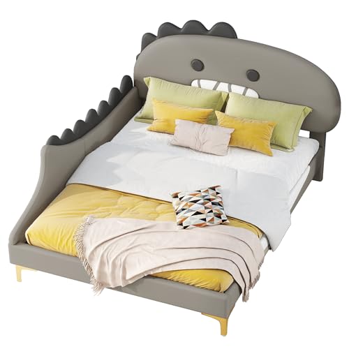 WEALTHKING Bett Cartoon Dinosaurier Form PU MDF mit sicherem Lattenrost weichem Kopfteil stabilem Rahmen leicht zu reinigen Komfortables Spielbett modernes Design für Zimmer (Grau,140x200cm) von WEALTHKING