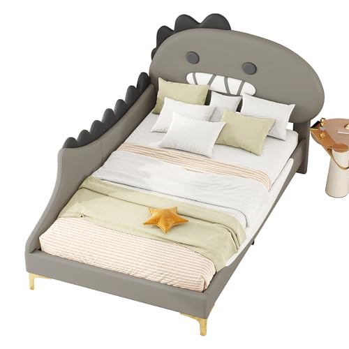 WEALTHKING Bett Cartoon Dinosaurier Form PU MDF mit sicherem Lattenrost weichem Kopfteil stabilem Rahmen leicht zu reinigen Komfortables Spielbett modernes Design für Zimmer (Grau,90x200cm) von WEALTHKING