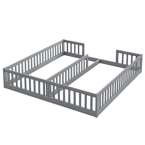 WEALTHKING Bett aus massivem Kiefernholz mit MDF, flaches Design mit umlaufendem Sicherheitsgitter, Zwei Einzelbetten, Robustes Doppelbettgestell, stabile Holzrahmenkonstruktion (90x200cm,Grau) von WEALTHKING
