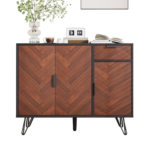 Buffetschrank mit Schublade und Türen Moderne Kommode Metallbeine Holzstruktur höhenverstellbare Ablagen Wohnzimmerregal Flurkonsole Stauraummöbel Schranklösung (Schwarz+Holzfarbe) von WEALTHKING