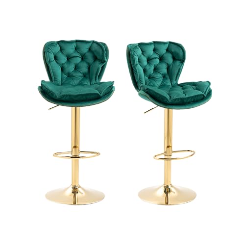 WEALTHKING Eleganter Barhocker 2er Set mit Verstellbarer Sitzhöhe und 360 Grad Drehfunktion, gepolstertem Sitz, gebogener Rückenlehne, breiter Fußstütze, Metallrahmen, Samtbezug (Grün) von WEALTHKING