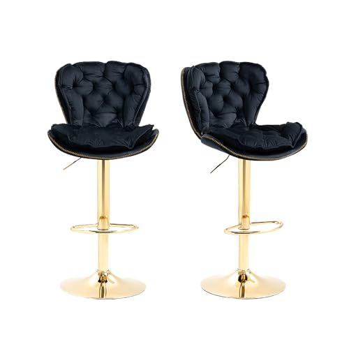 WEALTHKING Eleganter Barhocker 2er Set mit Verstellbarer Sitzhöhe und 360 Grad Drehfunktion, gepolstertem Sitz, gebogener Rückenlehne, breiter Fußstütze, Metallrahmen, Samtbezug (Schwarz) von WEALTHKING