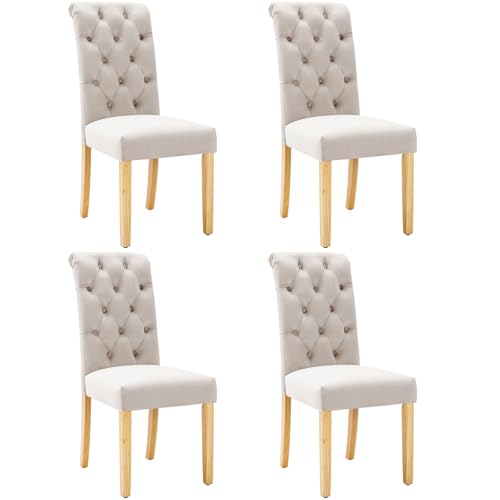 WEALTHKING Esszimmerstuhl Samt mit Knopfdesign Chromring Eichenbeinen S-Federung Lounge Küchenstuhl Rückenstütze Massivholzstruktur Wohnzimmerstuhl Polsterstuhl Freizeitstuhl (Grau+Samt,4) von WEALTHKING