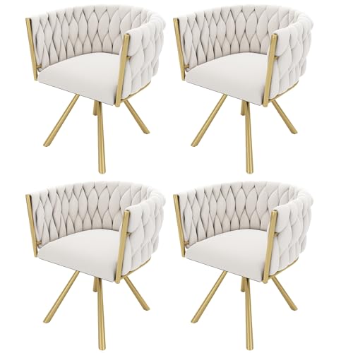 WEALTHKING Esszimmerstuhl drehbar modern gepolstert ergonomisch Rückenstütze Metallgestell 360° drehfunktion verstellbare Füße Komfortsitz Nackenstütze stabil Wohnzimmerstuhl (Beige+Gold+Samt,4) von WEALTHKING