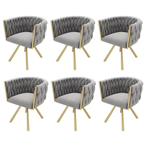 WEALTHKING Esszimmerstuhl drehbar modern gepolstert ergonomisch Rückenstütze Metallgestell 360° drehfunktion verstellbare Füße Komfortsitz Nackenstütze stabil Wohnzimmerstuhl (Grau+Gold+Samt,6) von WEALTHKING