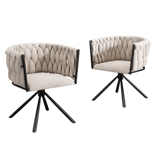 WEALTHKING Esszimmerstuhl drehbar modern gepolstert ergonomisch Rückenstütze Metallgestell 360° drehfunktion verstellbare Füße Komfortsitz Nackenstütze stabil Wohnzimmerstuhl (Beige+Schwarz+Samt,2) von WEALTHKING