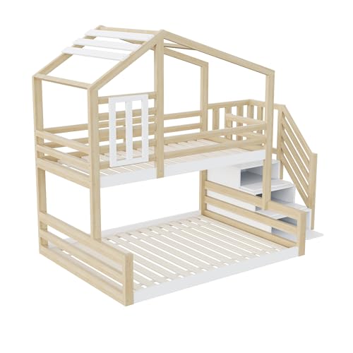 WEALTHKING Etagenbett Kiefernholz Hausbett mit Fenster und Treppe Stauraum Geländer Massivholz MDF Stockbett Spielbett stabile Konstruktion platzsparend Treppenkonstruktion (Natur,90x200cm+140x200cm) WEALTHKING Etagenbett Kiefernholz Hausbett mit Fenster und Treppe Stauraum Geländer Massivholz MDF Stockbett Spielbett stabile Konstruktion platzsparend Treppenkonstruktion (Natur,90x200cm+140x200cm) von WEALTHKING
