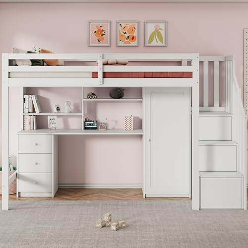 WEALTHKING Etagenbett mit Schreibtisch und Kleiderschrank Treppe integriertem Schubladenschrank Lattenrost inklusive Massivholz MDF platzsparendes Schlafsystem mit Stauraumlösungen (weiß,90x200cm) von WEALTHKING