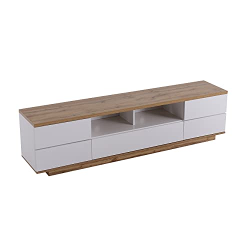 WEALTHKING Fernsehtisch mit elegantem MDF-Korpus, Durchgehender Ablagefläche, stilvoller Türstruktur, Stauraum für Medienzubehör, klassisch rechteckiger Aufbau mit symmetrischem Fächersystem (Weiß) von WEALTHKING