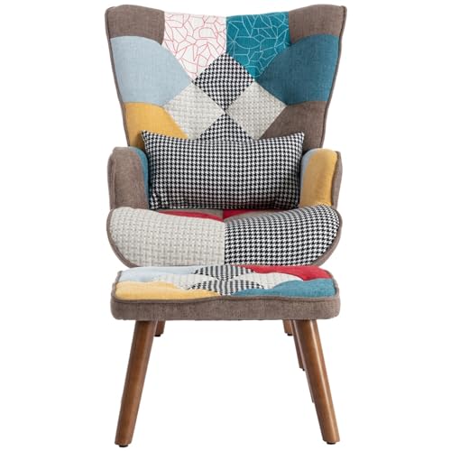 WEALTHKING Freizeitstuhl mit Fußhocker Wohnzimmer Kombination – Komfortsessel mit Rückenlehne und Kissen, Massivholzbeine, ergonomisches Design, hoher Sitzkomfort, stilvolles Patchwork-Design (Bunt) von WEALTHKING