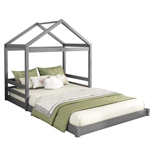 WEALTHKING Hausbett Holzrahmen Dachform Lattenrost Kiefer massiv bodennah Schlafplatz niedriger Einstieg Sicherheitsleisten skandinavisch minimalistisch Spielhausdesign robuste (Grau,140x200cm) von WEALTHKING